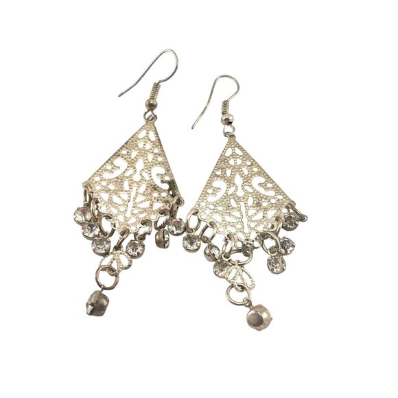 Vintage Silver Filigree Triangle Dangle Earrings Statement Boho Tribal Jewelry - Picture 1 of 8